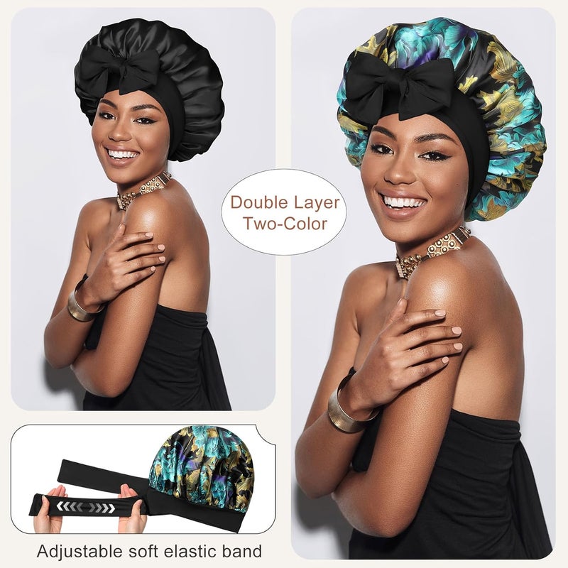 CHLINS Satin Bonnet Silk Bonnet for Sleeping Silk Sleep Cap Double Layer Hair Bonnet with Elastic Tie Band for Curly Hair Night Cap - Image 2